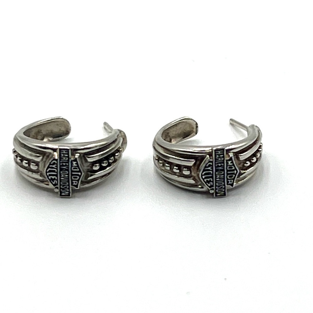 Harley Davidson Logo Vintage 10K White Gold Hoop Earrings w/ Antique Finish RARE